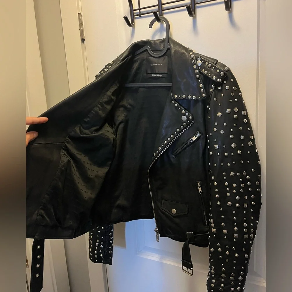 Maison Scotch and Soda Punk Radar Sheepskin Leather Studded Biker Jacket - Picture 3 of 6